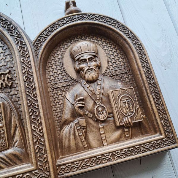 Деревянная резная Икона "Триптих Богородица Иисус Николай" 02140 фото
