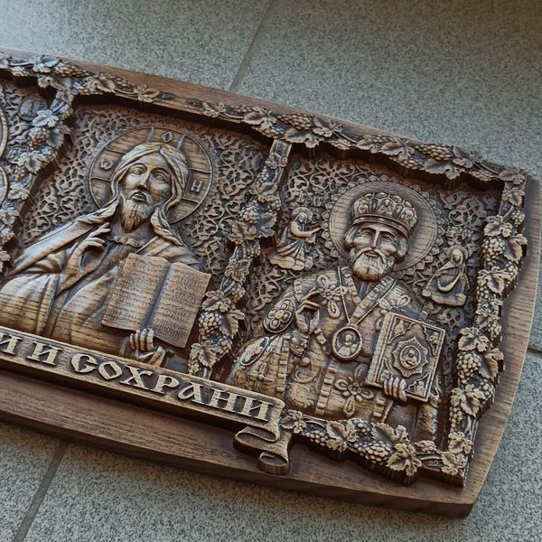 Дерев'яна різьблена Триптих "Богородиця-Іісус-Миколай 4" 02141 фото