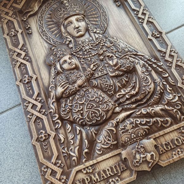 Дерев'яна різьблена Ікона "Аглонська Богородиця" 02048 фото